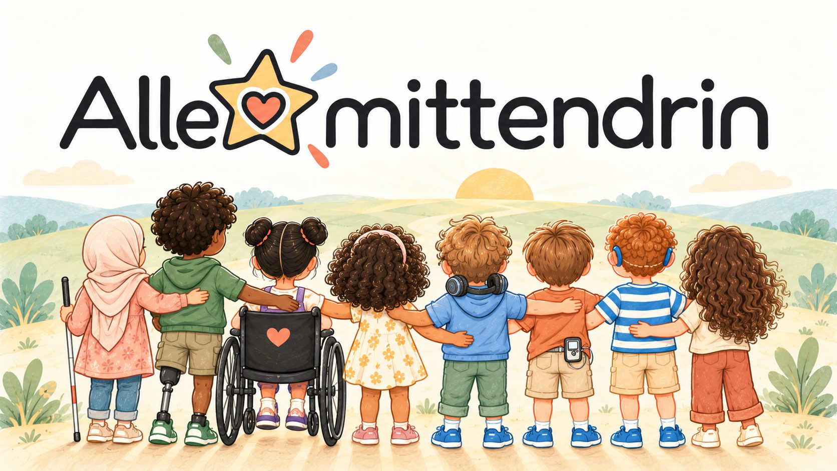 Alle mittendrin: Acht Kinder stehen gemeinsam vor einer weiten Landschaft und schauen in dieselbe Richtung.