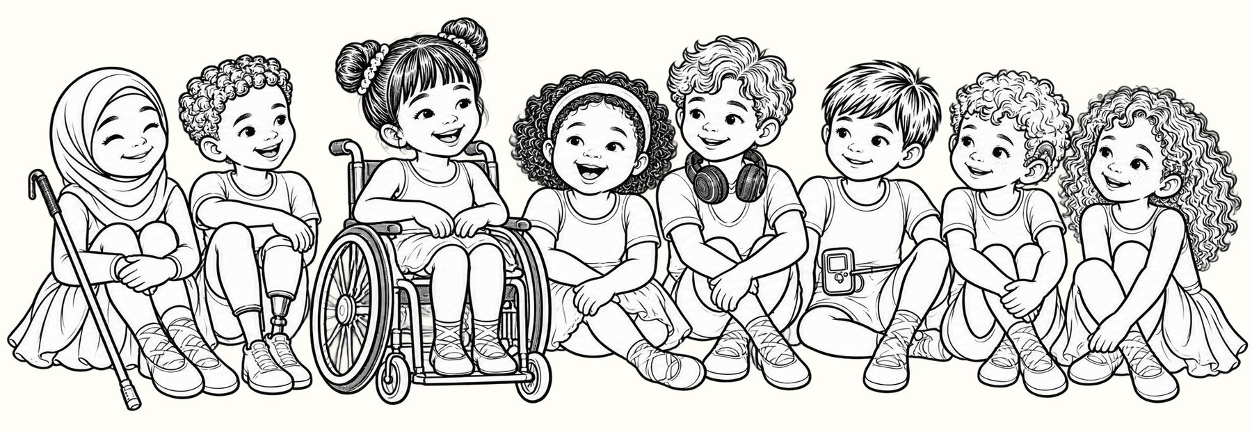 Die acht Kinder aus Alle mittendrin! sitzen gemeinsam zusammen, mit ihren unterschiedlichen Hilfsmitteln und Persönlichkeiten.